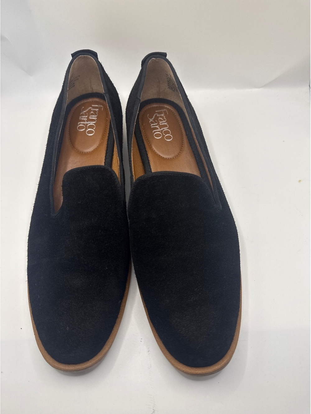 Franco Sarto Jeena loafer black suede almond toe stack heel slip-on size 8